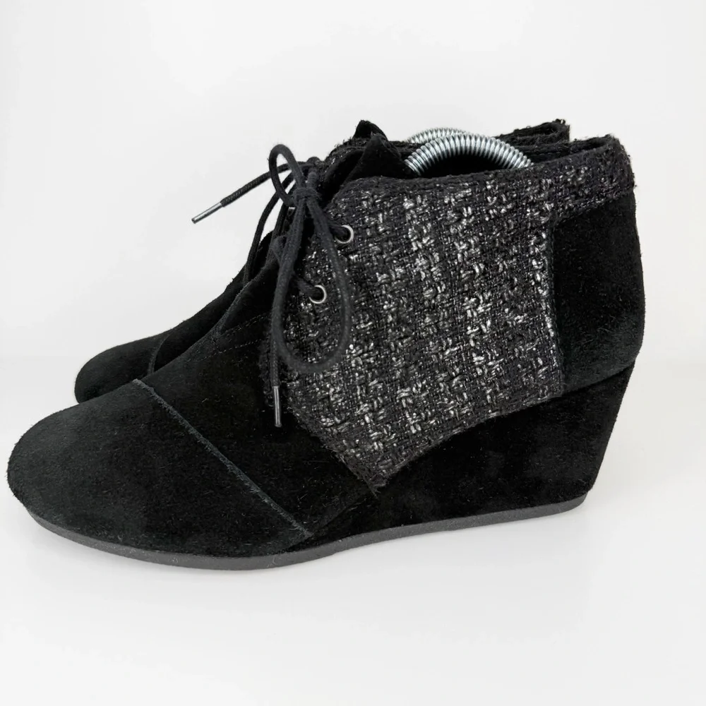 Toms Black Suede Leather & Boucle Kala Desert Wedge Ankle Boot Women’s 11